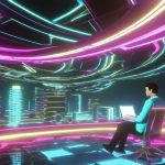 animated futuristic person seating in front of a computer