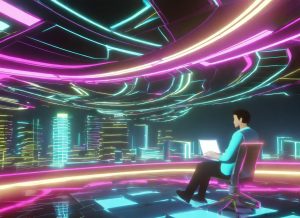 animated futuristic person seating in front of a computer